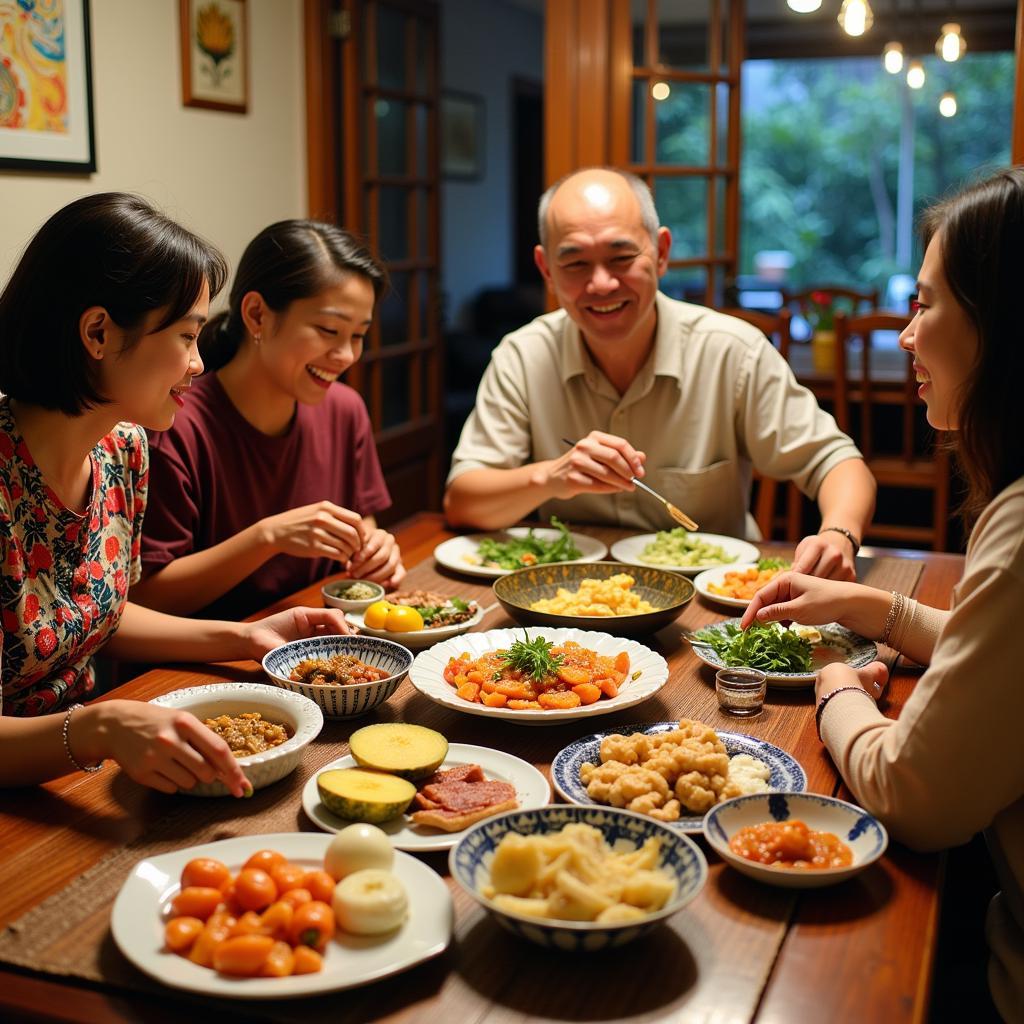 A heartwarming scene of a family enjoying a traditional Malay meal together in a cozy homestay in Pulau Chekas.