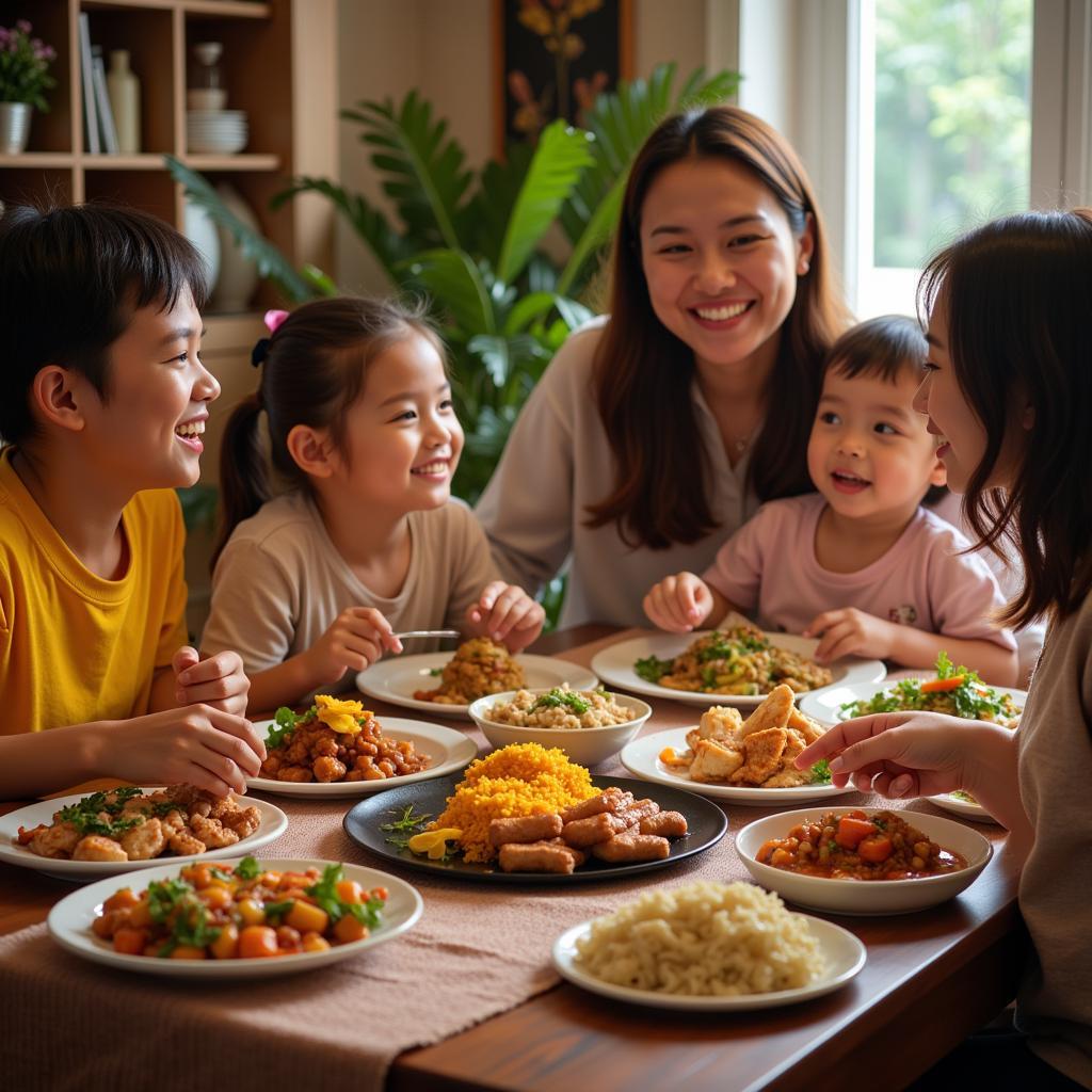 Family enjoying a traditional Malaysian dinner at a homestay in Rawang