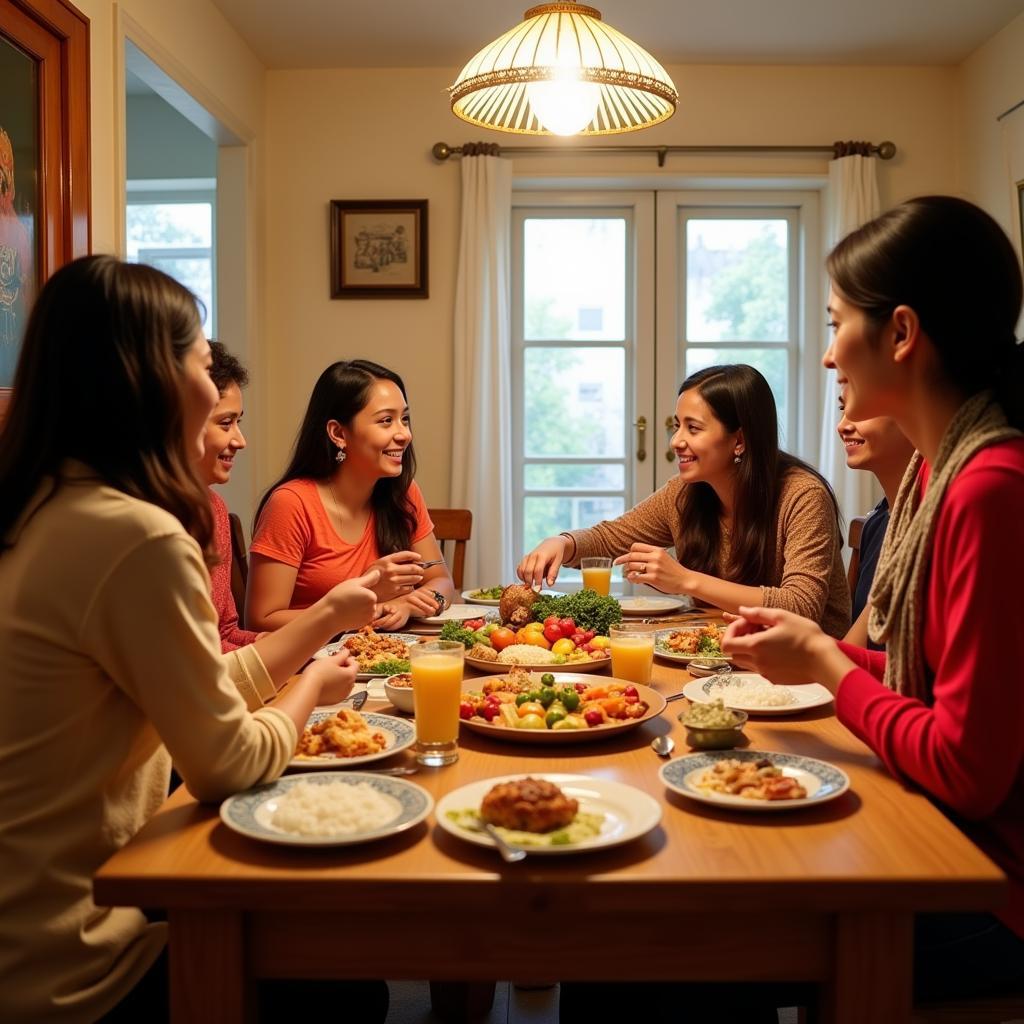 Family enjoying a traditional Indian dinner in a South Delhi homestay