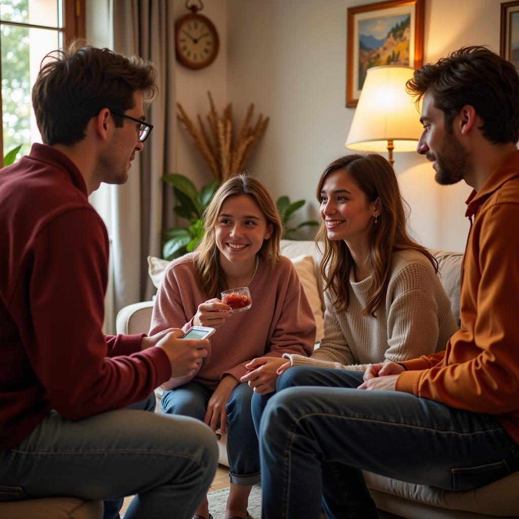 Homestay student conversing with host family in a Spanish living room