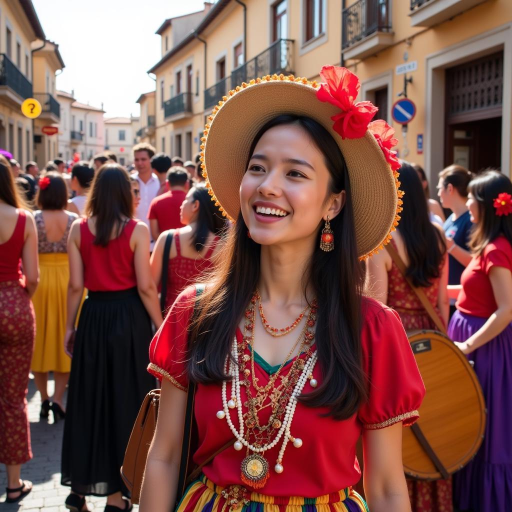 A Chinese tutor participating in a traditional Spanish festival with their host family.