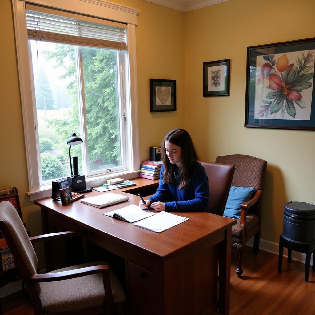 Student studying in a bright and welcoming homestay room in Victoria BC