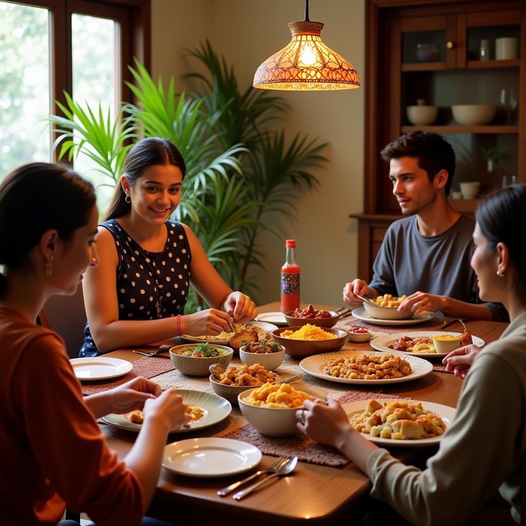 A family enjoying a traditional Bengali meal at Humro Homestay Chilapata.