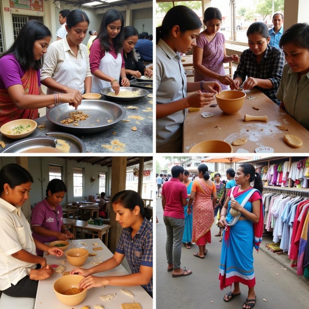 Visitors engaging in local activities in Icche Gaon, such as cooking classes, pottery workshops, and exploring nearby markets.