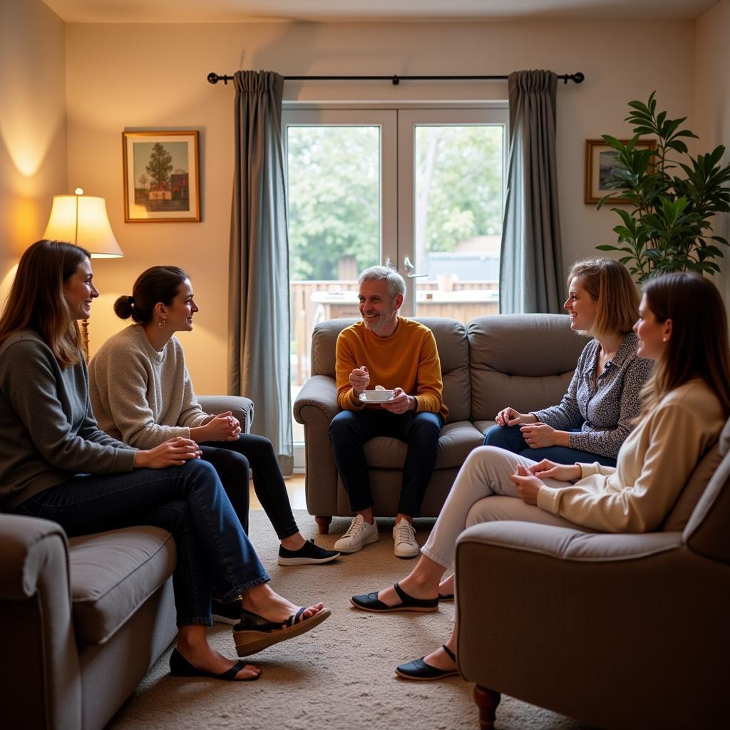 Guests and Host Family Chatting in the Living Room of an Icelandic Homestay