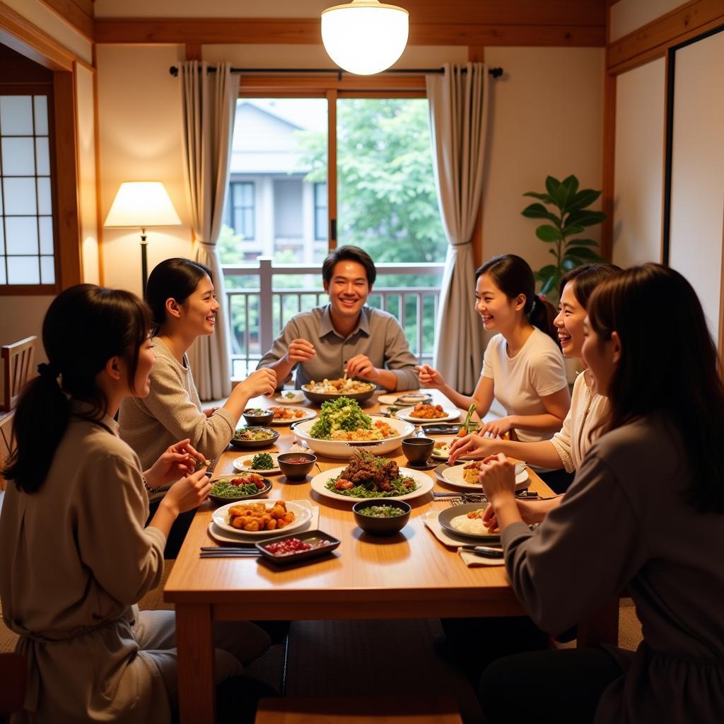 Family enjoying a traditional Japanese dinner during a homestay