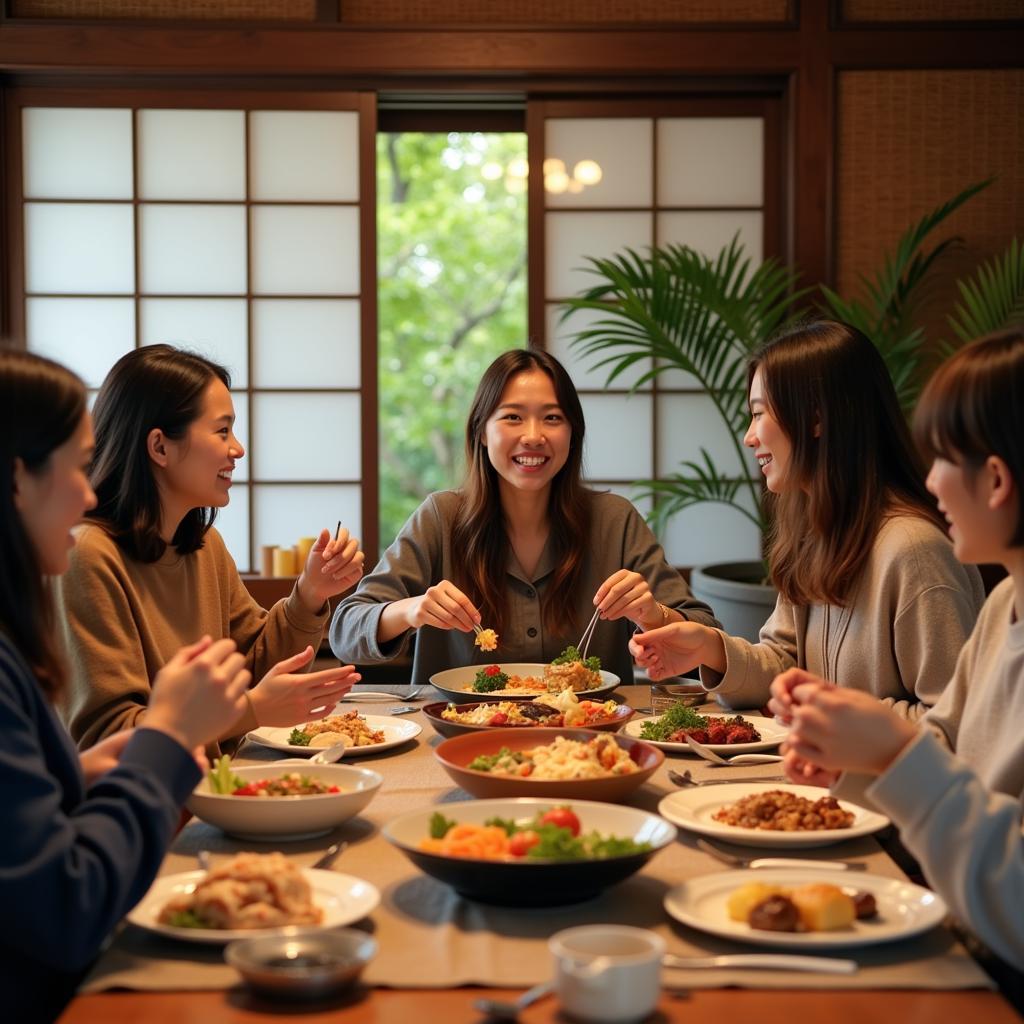 Enjoying a traditional Japanese dinner with a host family during a homestay work Japan program