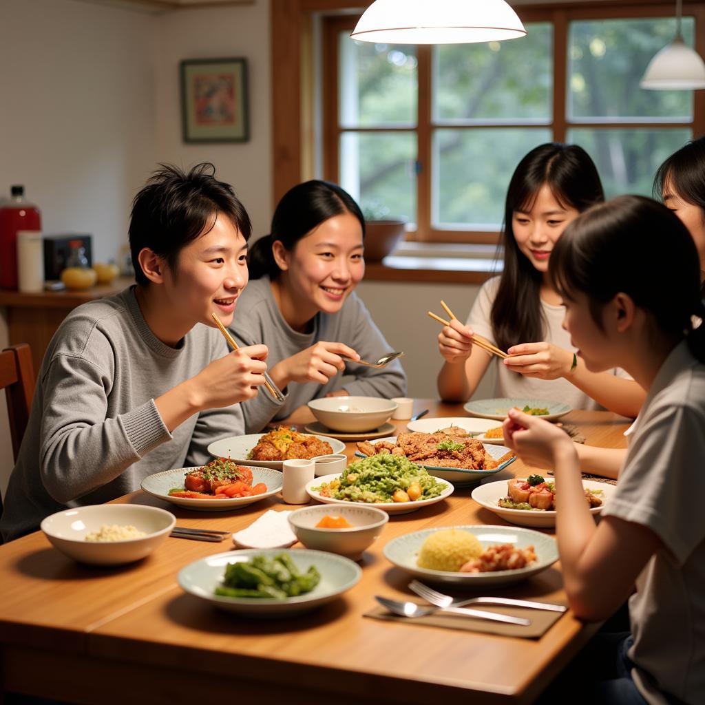 A warm and inviting family dinner in a Japanese home, showcasing traditional dishes and a welcoming atmosphere.