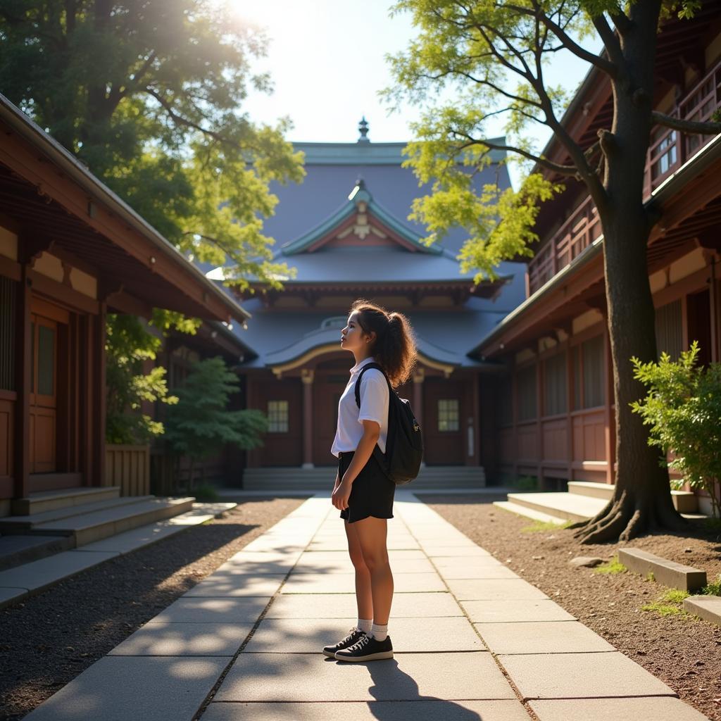 An Aiea High School student exploring a serene Japanese temple during their homestay program, showcasing the beauty of Japanese architecture and spirituality.