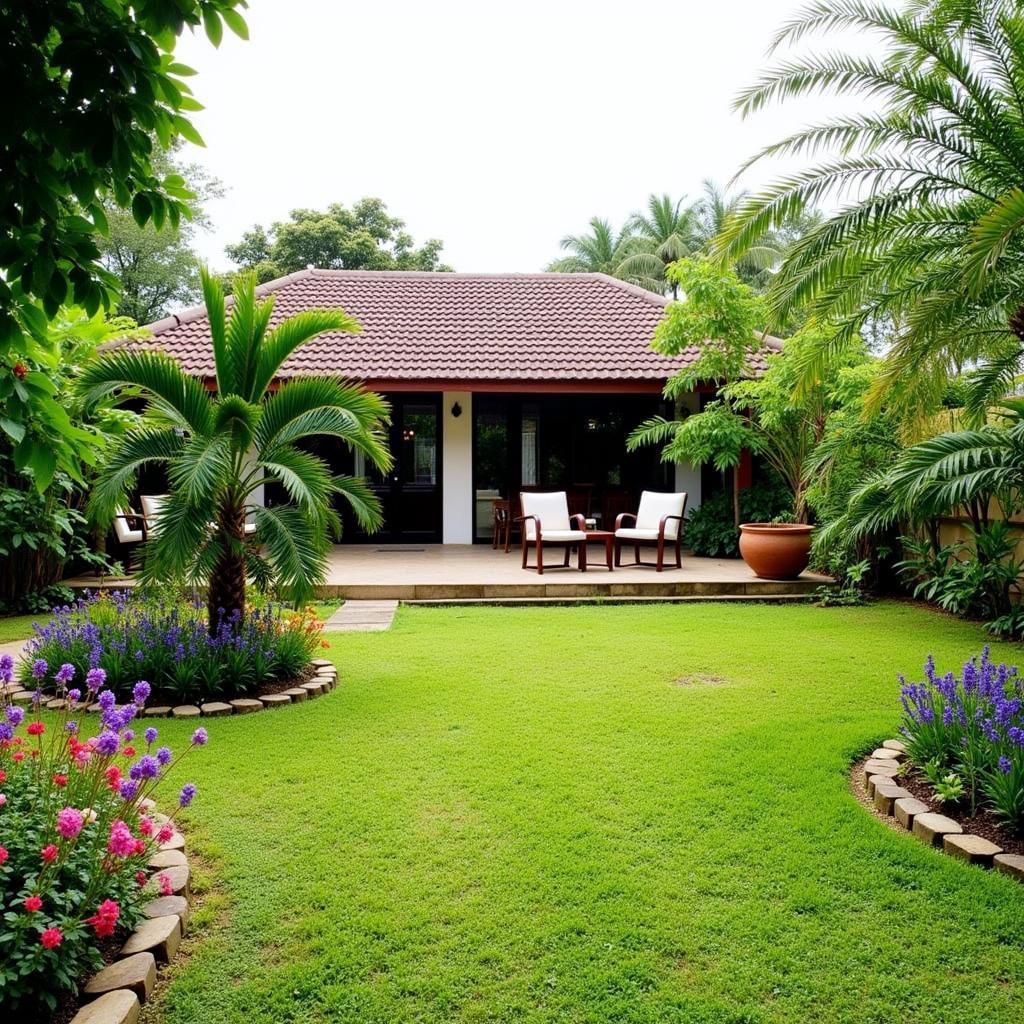 View of a tranquil garden surrounding a homestay bungalow in Johor Bahru, perfect for relaxing and enjoying the tropical scenery.