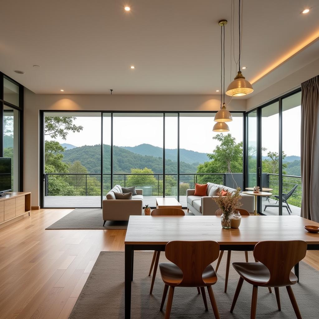 Interior view of a spacious and modern homestay bungalow in Johor Bahru, featuring comfortable furnishings and ample natural light.