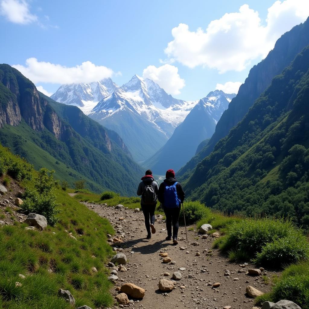 Trekking in Kalga with stunning mountain views in the background.