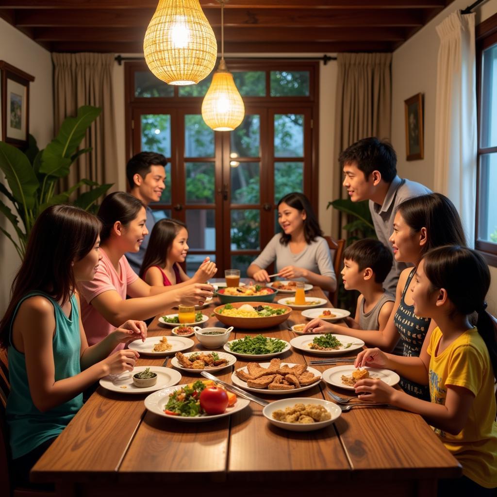 Family enjoying a traditional Khmer meal at a Kampong Thom homestay