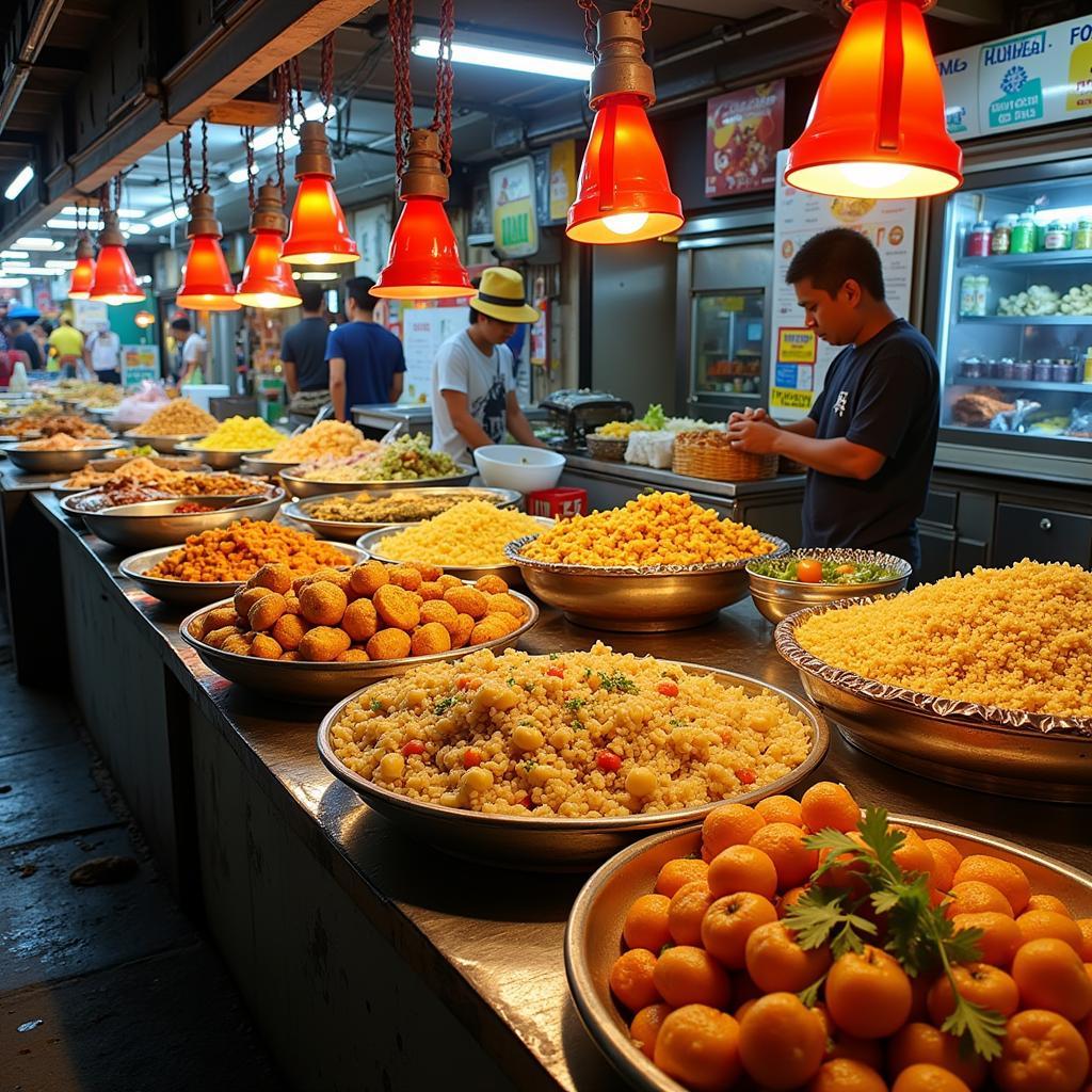 Colorful food stalls in Kampung Baru, showcasing a variety of Malaysian dishes