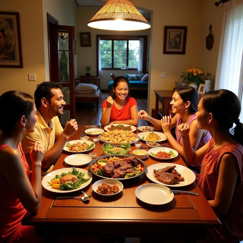 Sri Lankan family enjoying a traditional dinner with their homestay guests in Kandy