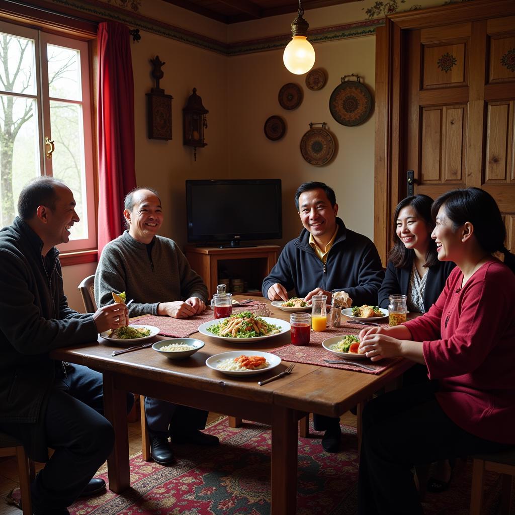 Family enjoying a meal in a traditional Kaza homestay