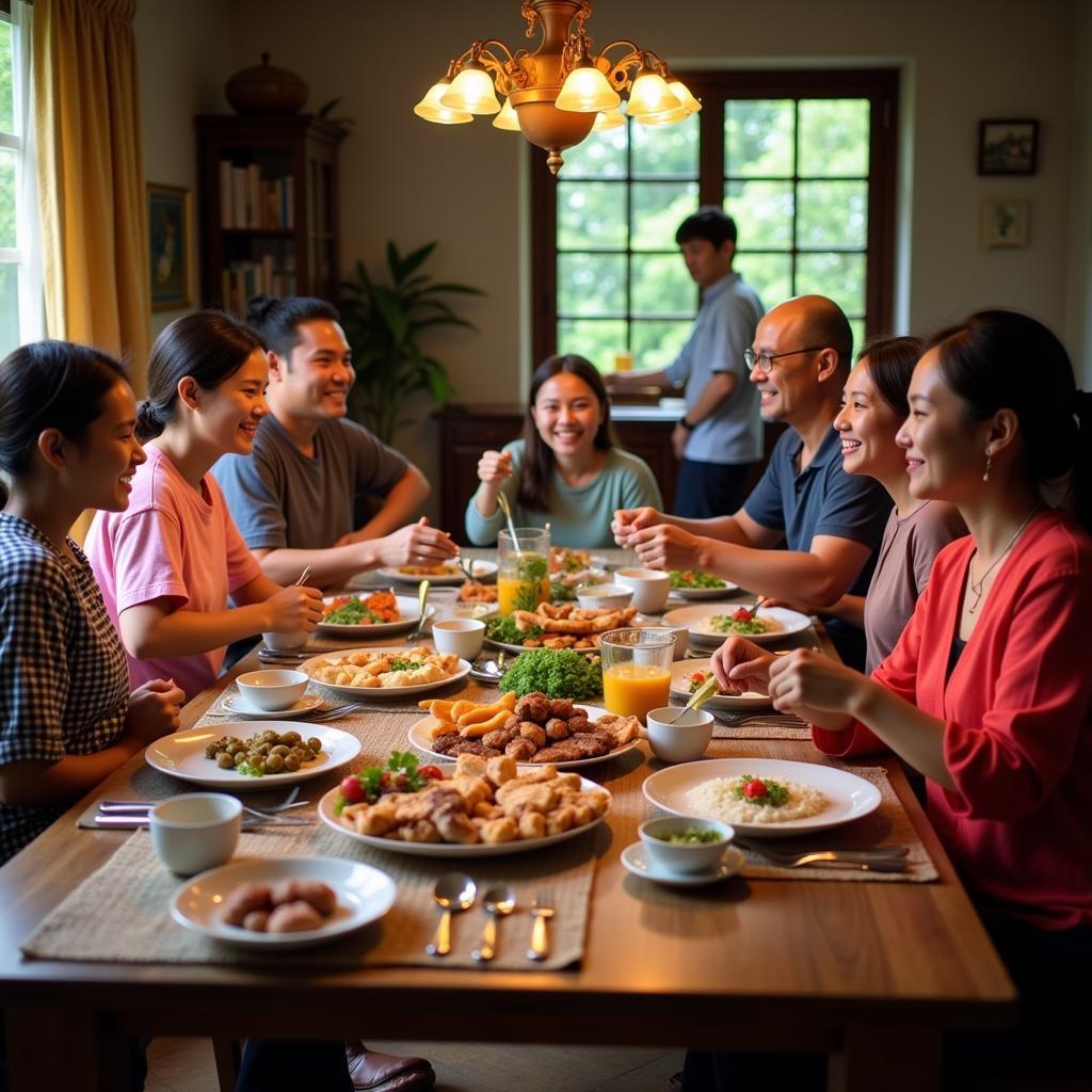 Family enjoying a traditional Kedah meal in their homestay