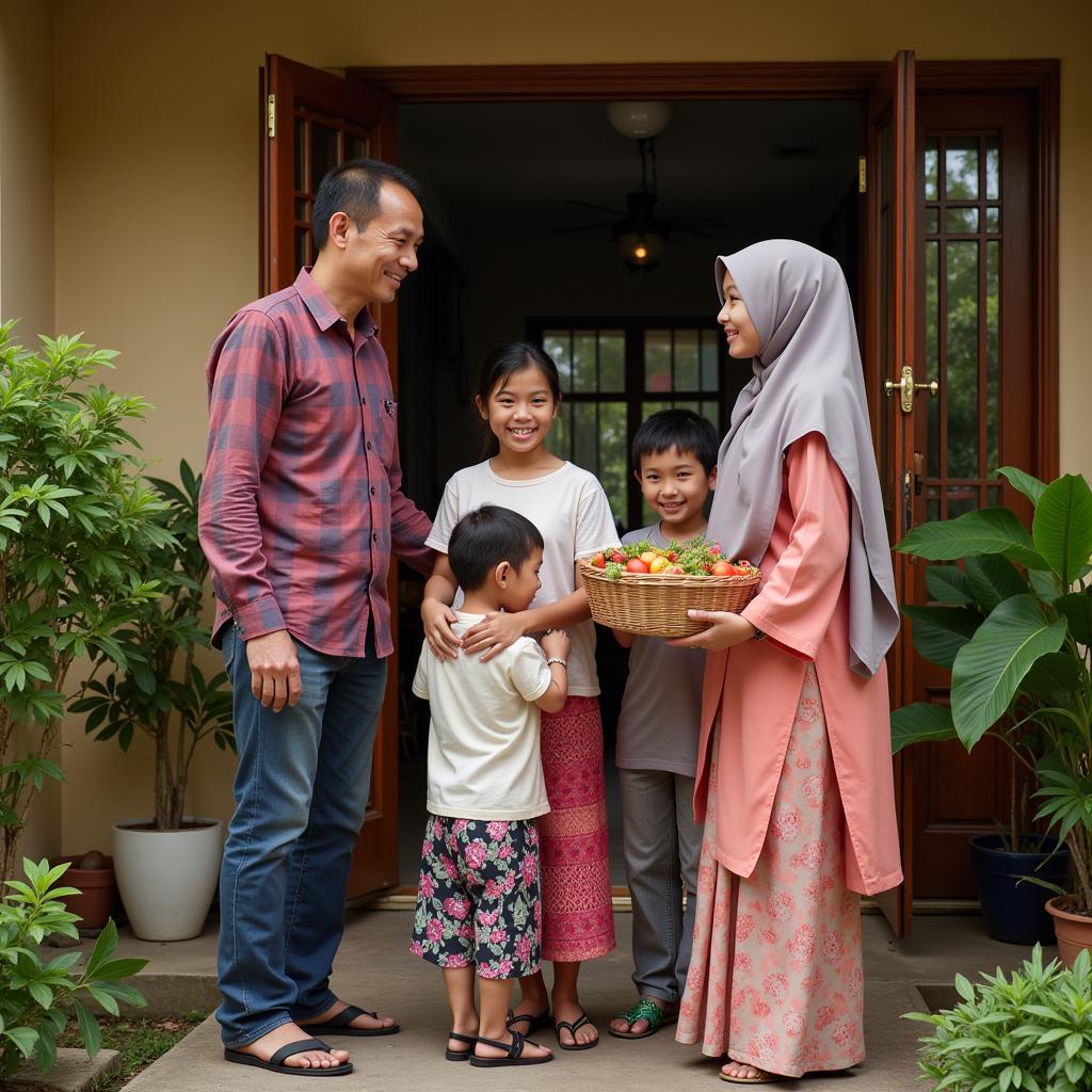 Malaysian family welcoming guests to their traditional homestay in Kuala Linggi, sharing local customs and stories.