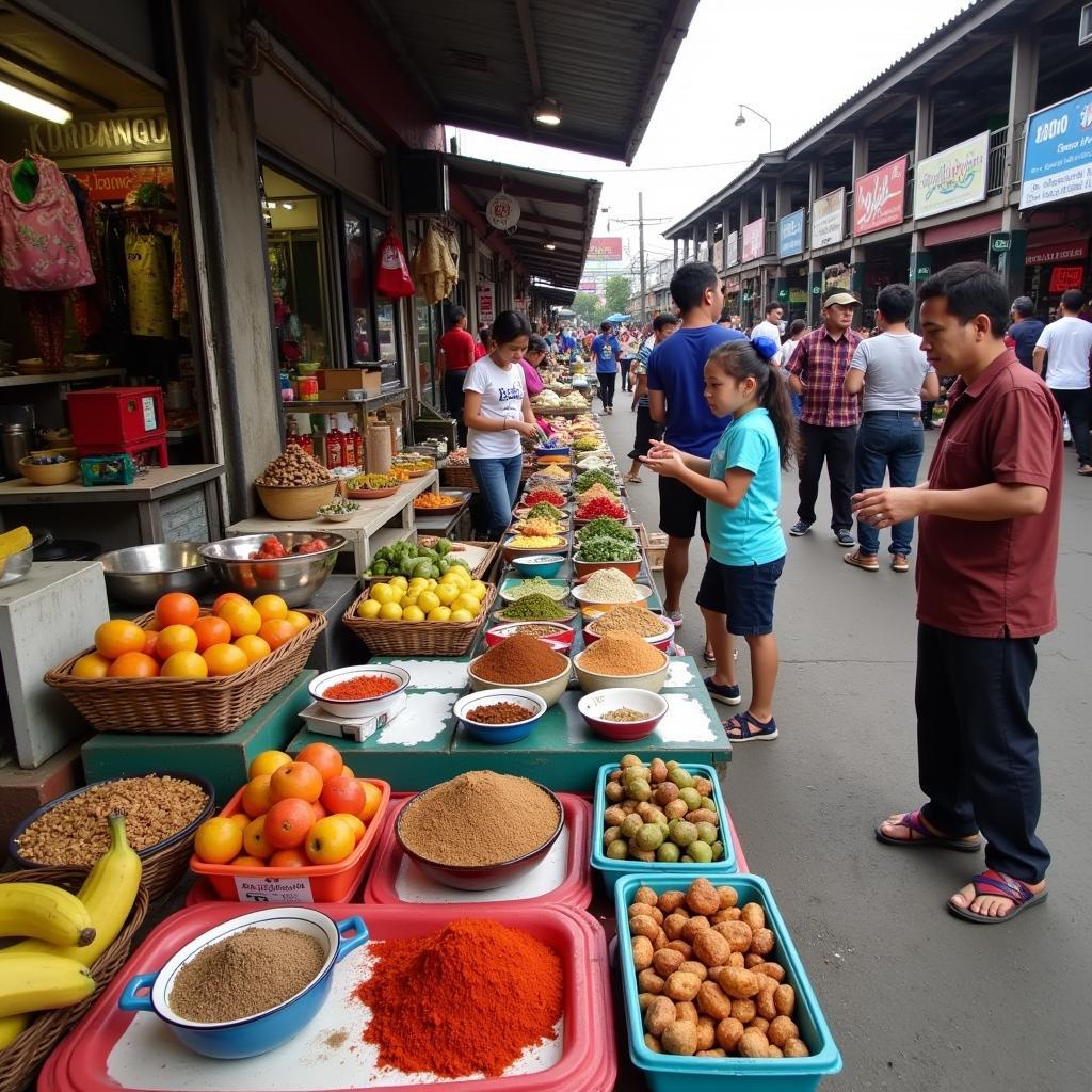 Vibrant scene of a local market in Kuala Nerus with people shopping for fresh produce and local crafts.