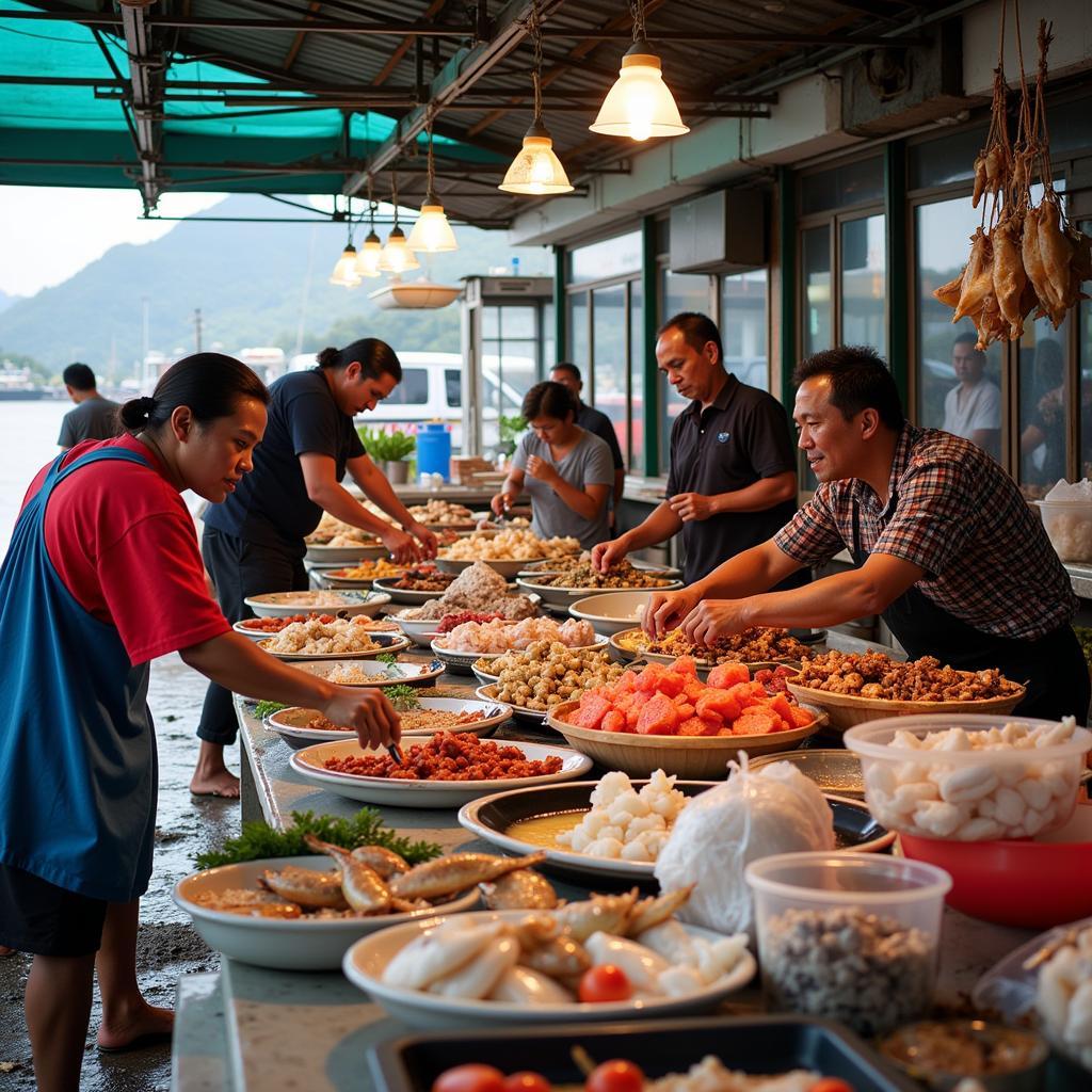 Bustling seafood market in Kuala Sungai Baru, showcasing a wide variety of fresh catches and local vendors.