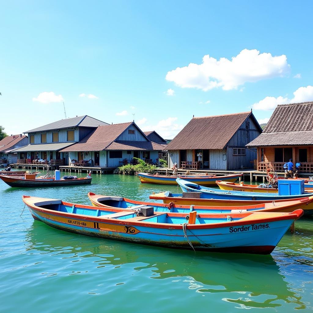 Tranquil fishing village of Kuala Sungai Baru, Malacca, with colorful boats and traditional houses, ideal for a homestay experience.