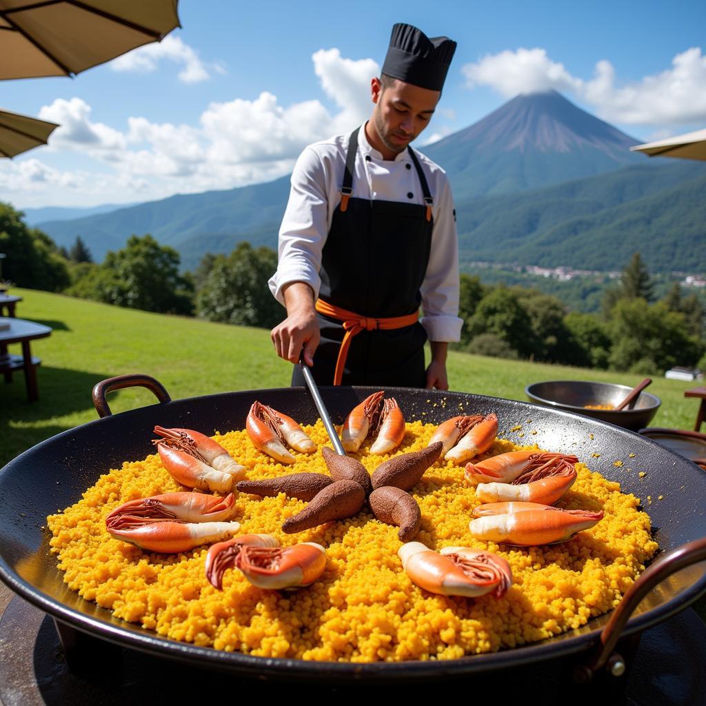 Paella being prepared in Kundasang with Mount Kinabalu in the background.