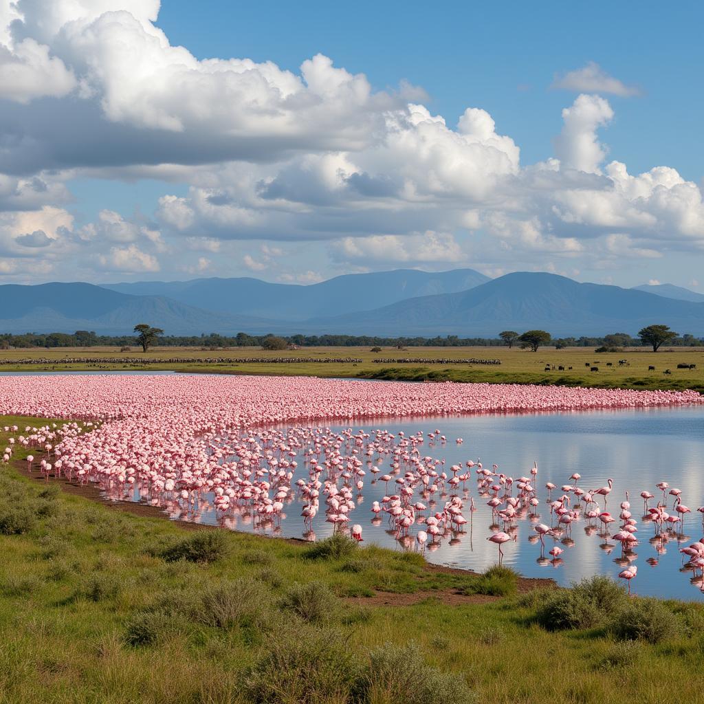 Flamingos and other wildlife at Lake Nakuru National Park, Kenya