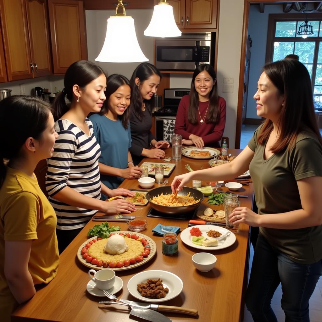 Guests learning to cook Malaysian food