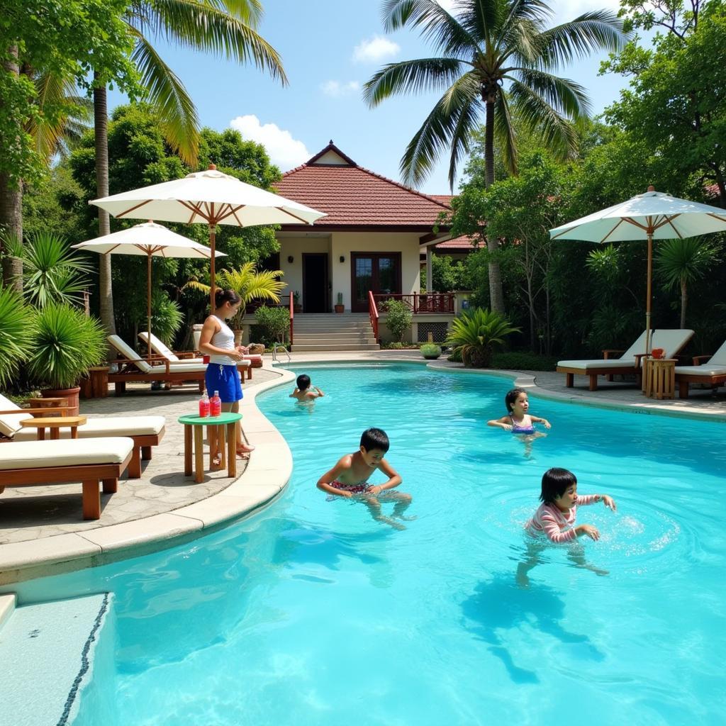 Family enjoying a private pool at a Langkawi homestay