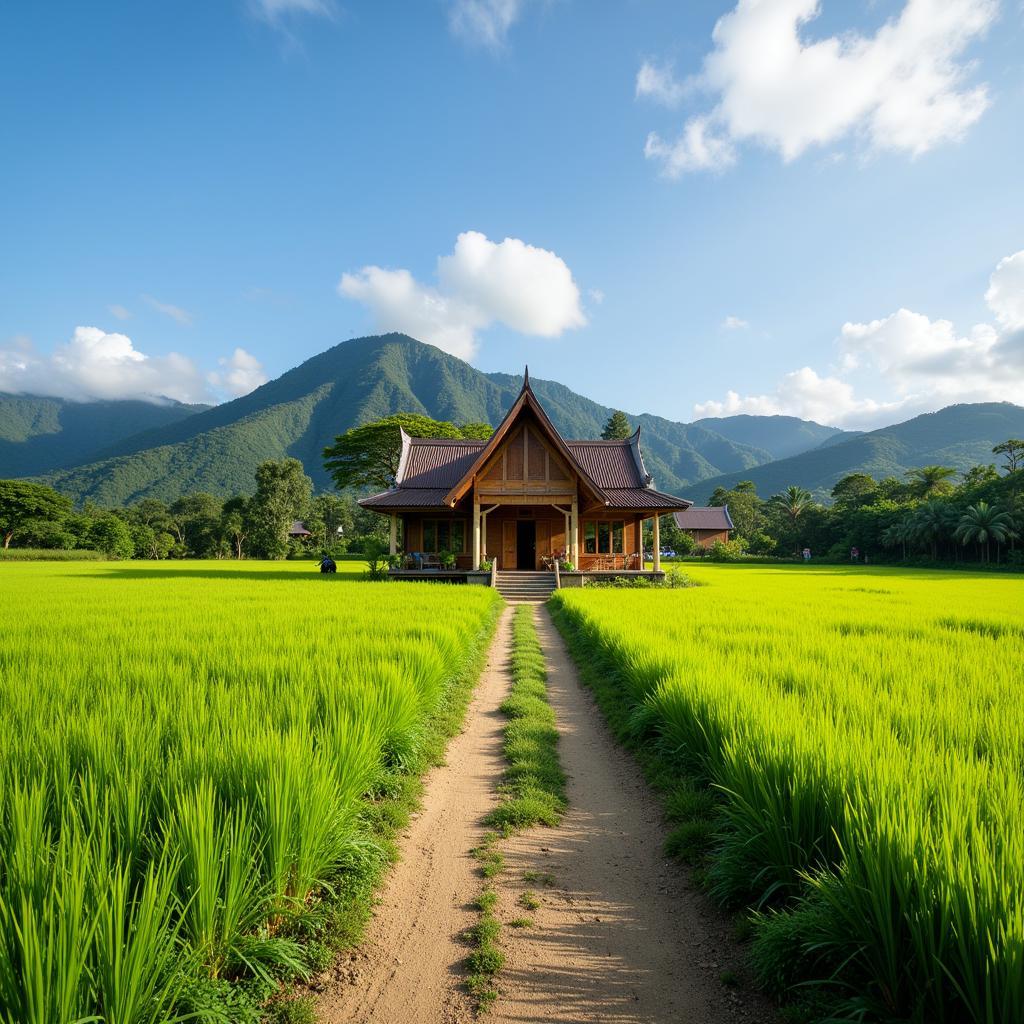 Tranquil view of a traditional Malay homestay nestled amidst lush green rice paddies in Langkawi, Malaysia