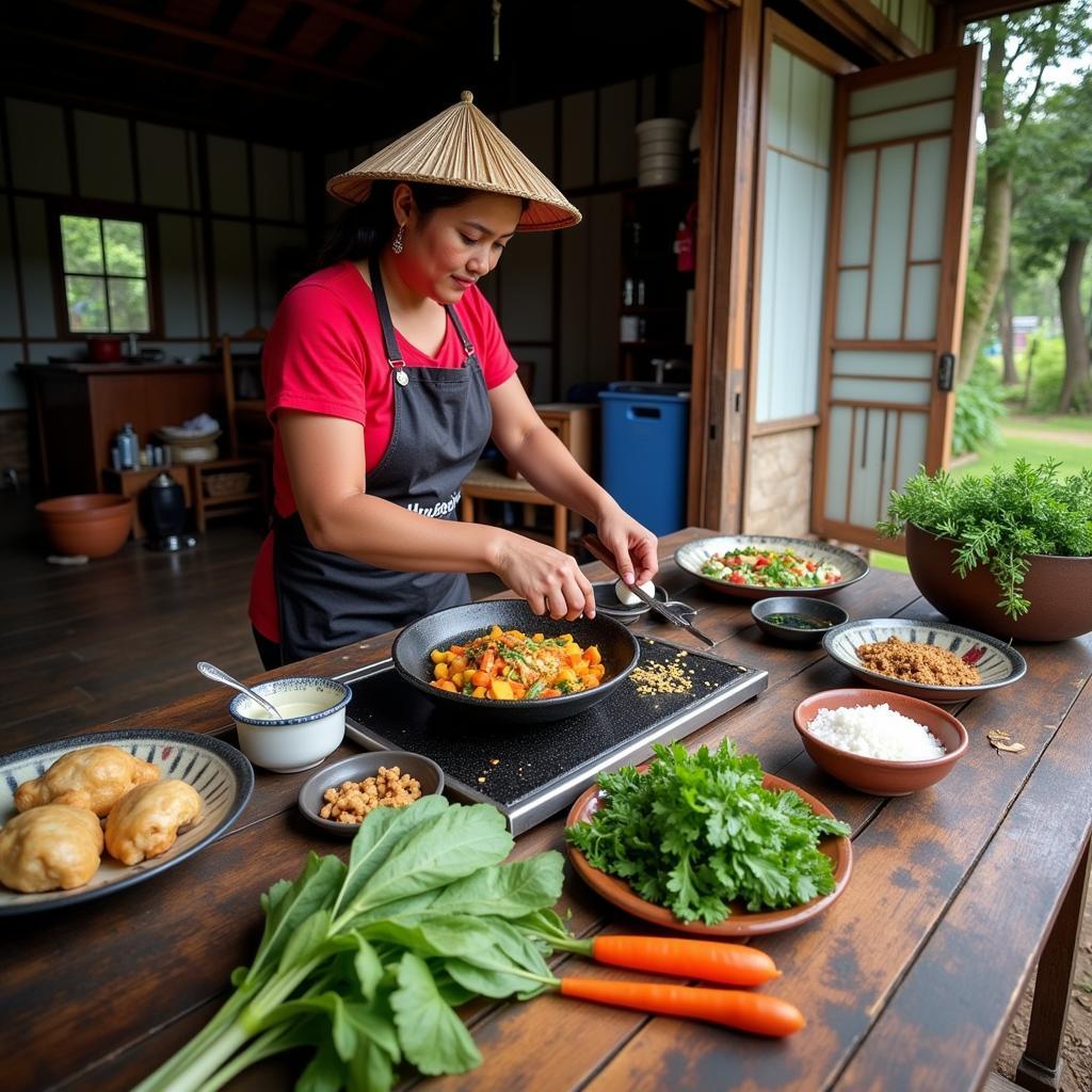 A Lao villager preparing breakfast in their homestay kitchen