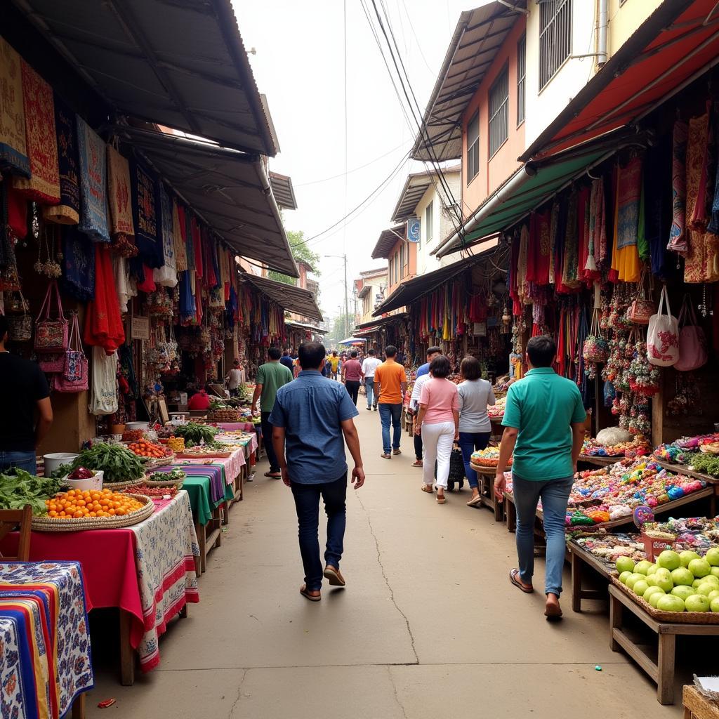 Vibrant scene of the Fort Road market in Leh, showcasing local handicrafts, textiles, and produce, offering a glimpse into the daily life of the community.