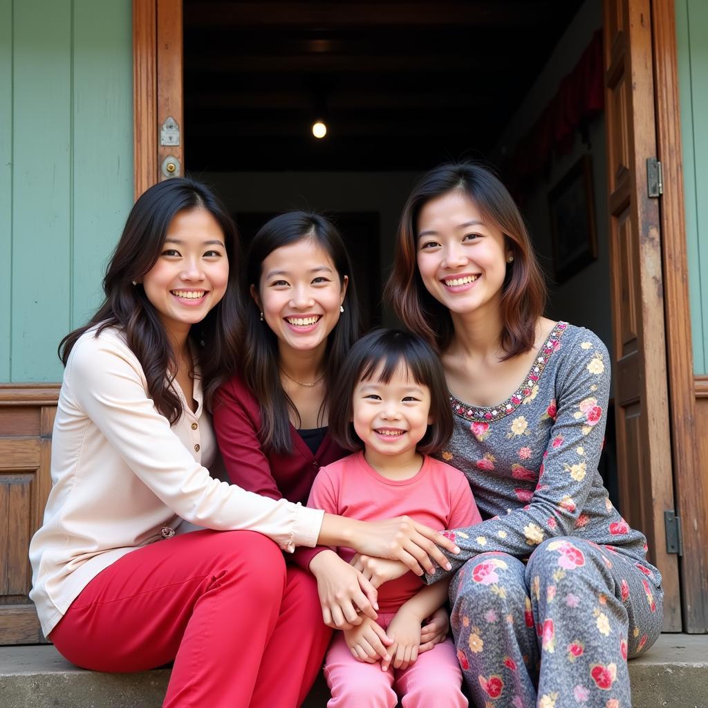 A local family smiles warmly, sitting together in front of their traditional Vietnamese home on Cù Lao Xanh