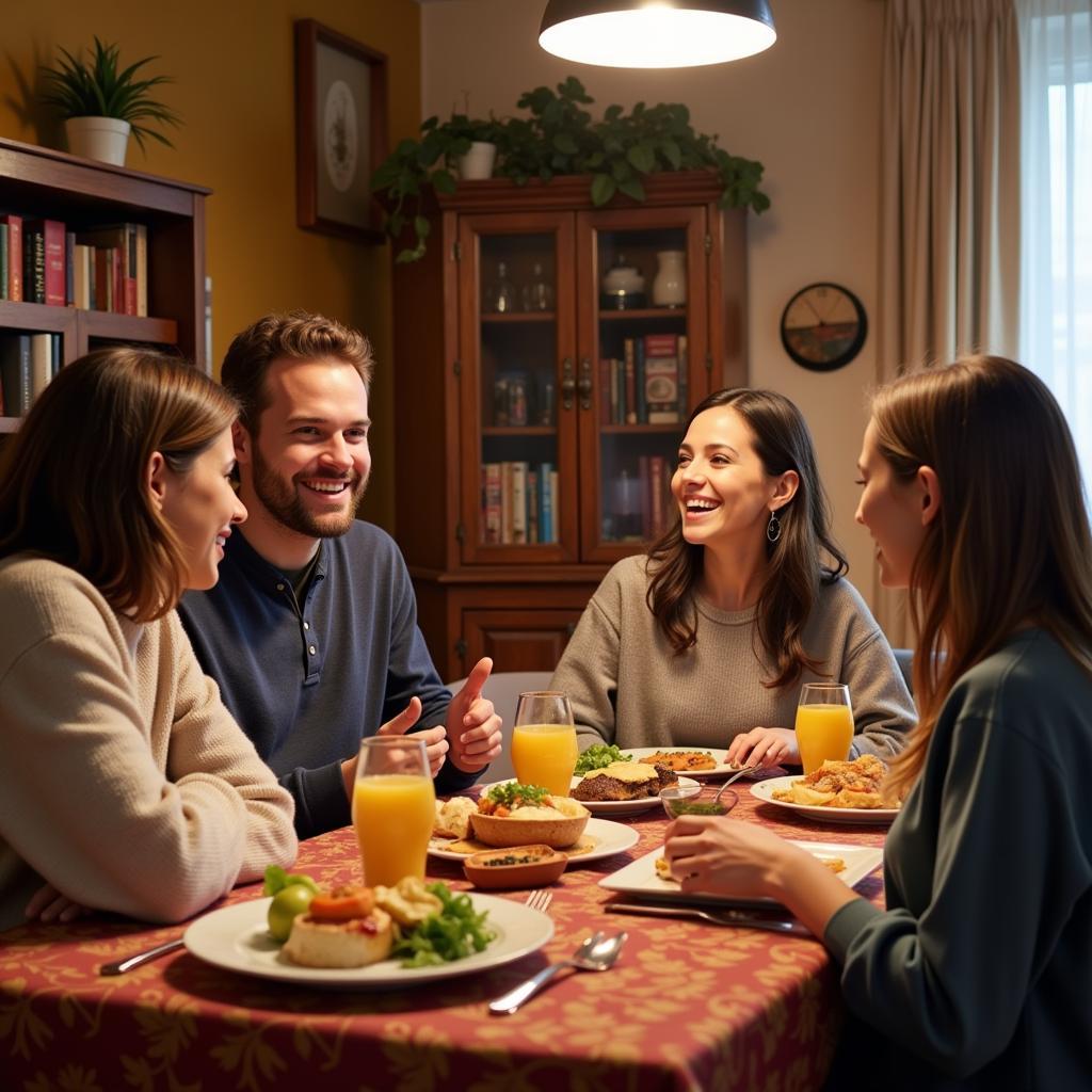 English tutor enjoying a meal with a Spanish host family in Madrid