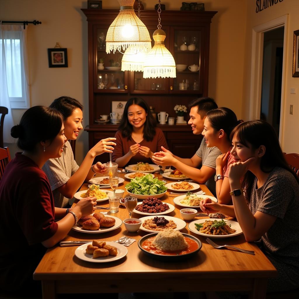 Warm and inviting scene of a family dinner in a Malacca homestay, showcasing traditional Malay dishes and a welcoming atmosphere.