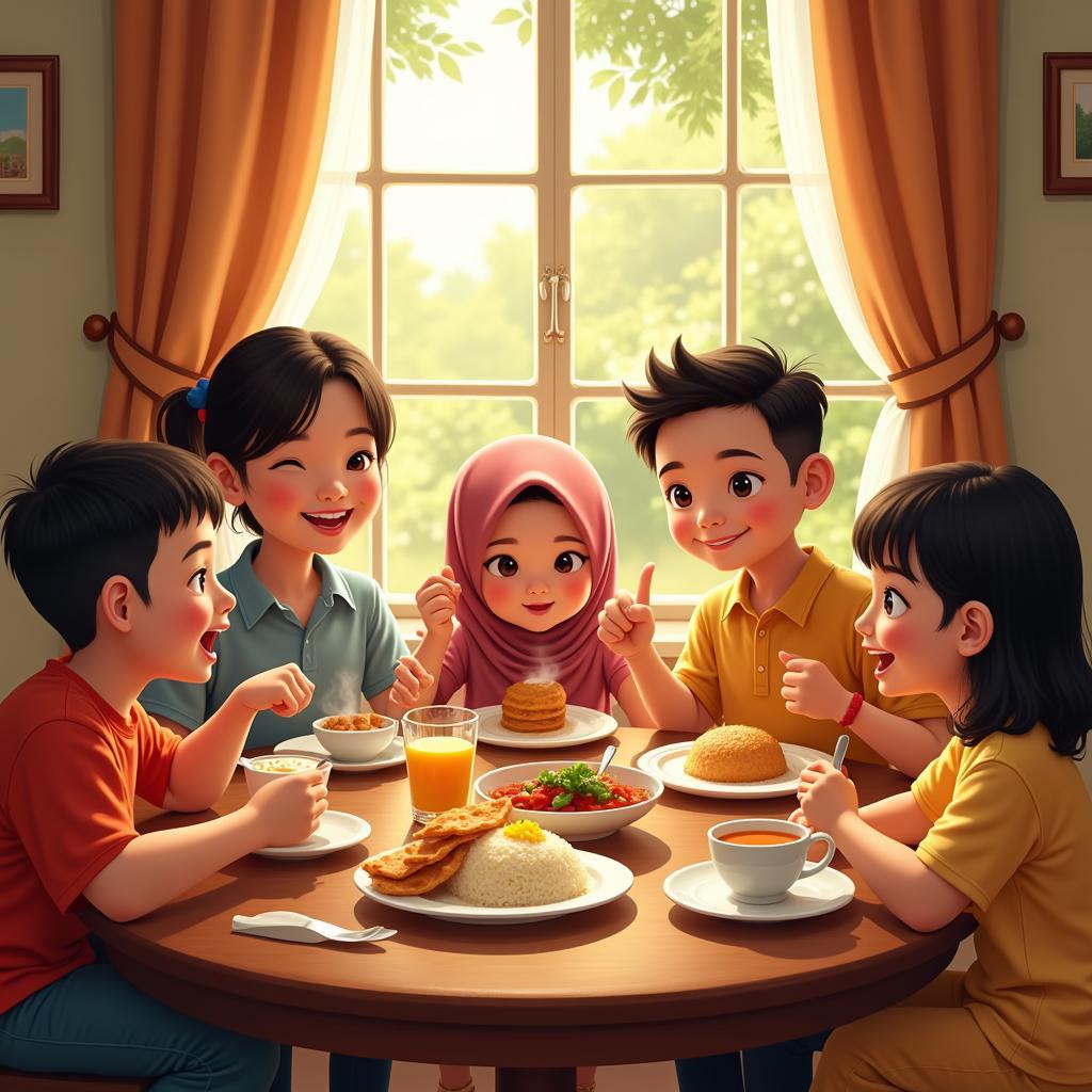 Malaysian family enjoying a traditional breakfast together in their homestay