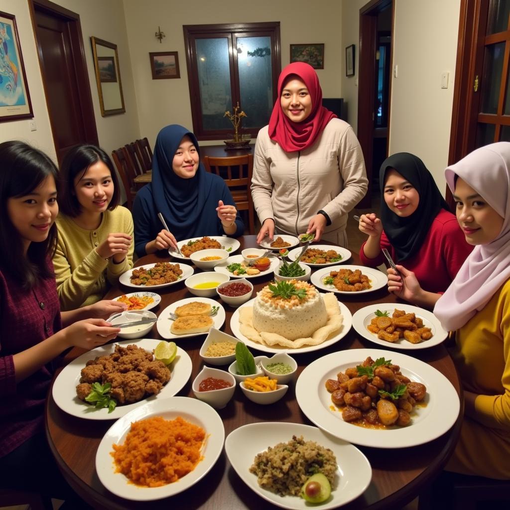 A Malaysian family enjoying a traditional dinner together with their homestay guests in Langkawi.