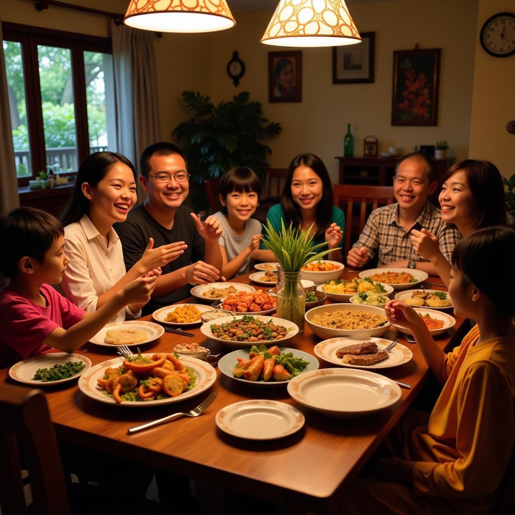 Enjoying a delicious home-cooked Malaysian dinner with a local family in a Batu Rakit homestay, experiencing the warmth of Malaysian hospitality.