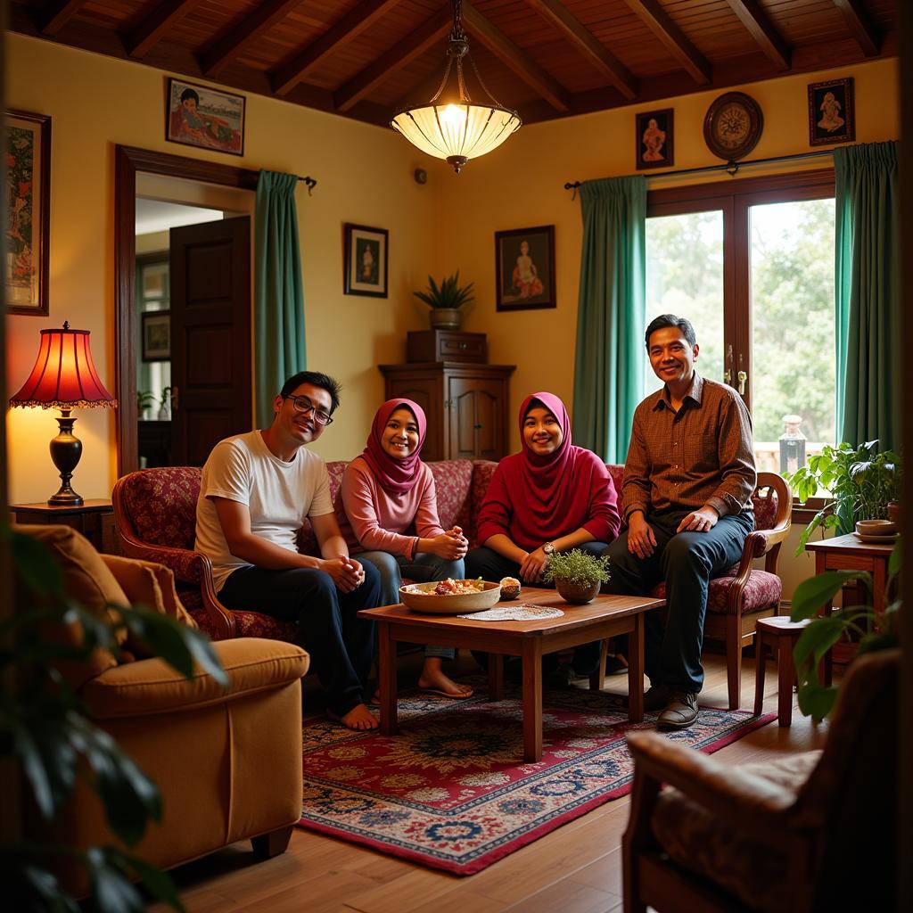 A warm and welcoming Malaysian family smiles at the camera in the living room of their traditional homestay in Teluk Kemang.