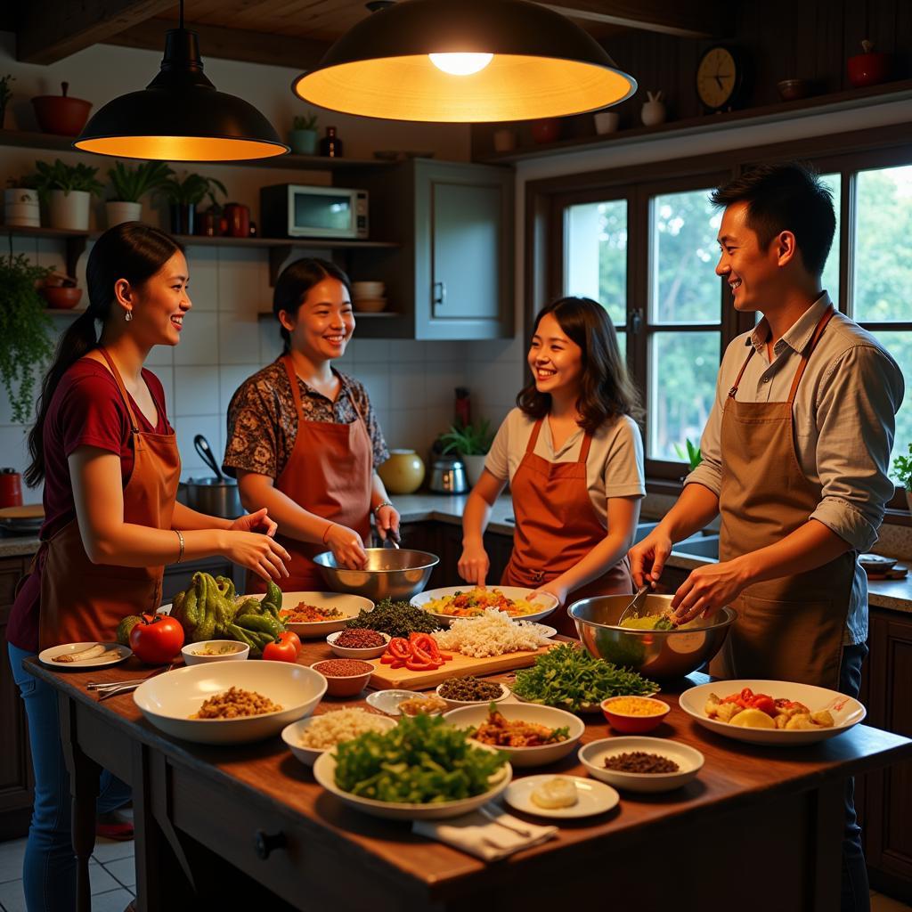 A Malaysian family preparing a traditional meal in their homestay kitchen, smiling and interacting warmly.