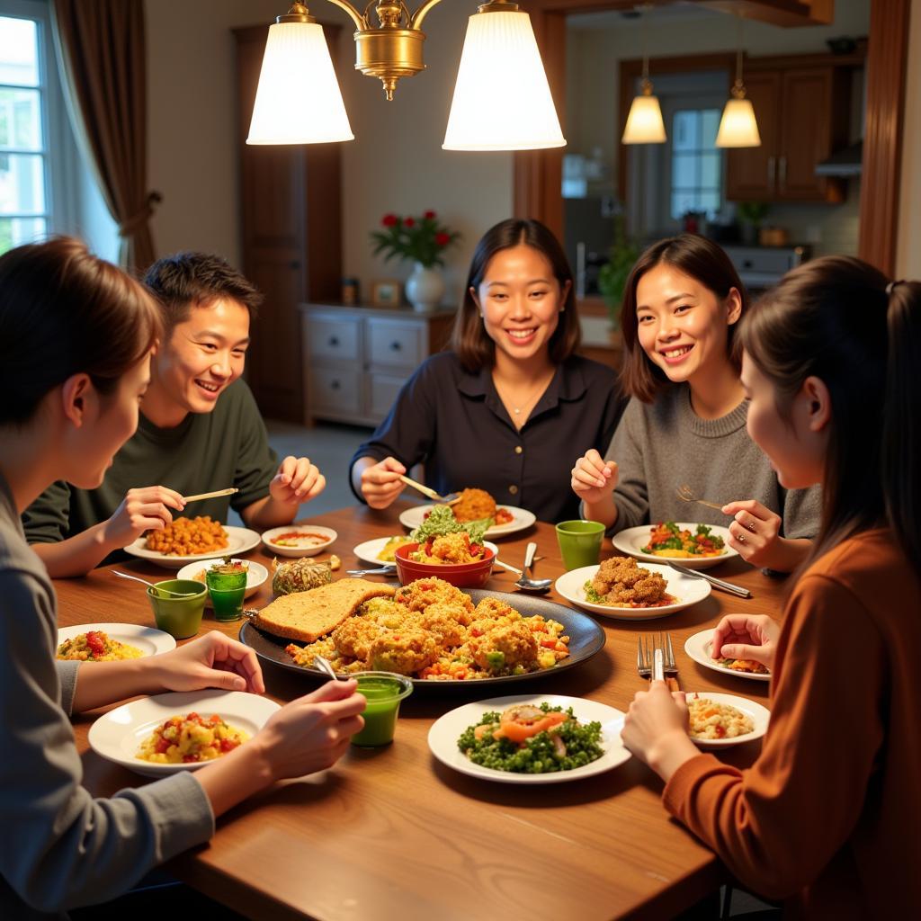 Family enjoying a traditional Malaysian dinner in a homestay