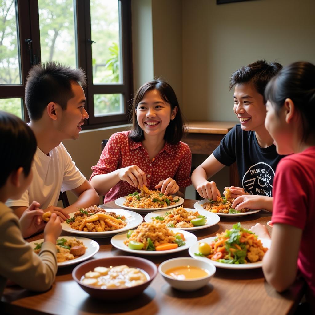 A warm and inviting scene of a family enjoying a traditional Malaysian meal together in a homestay setting