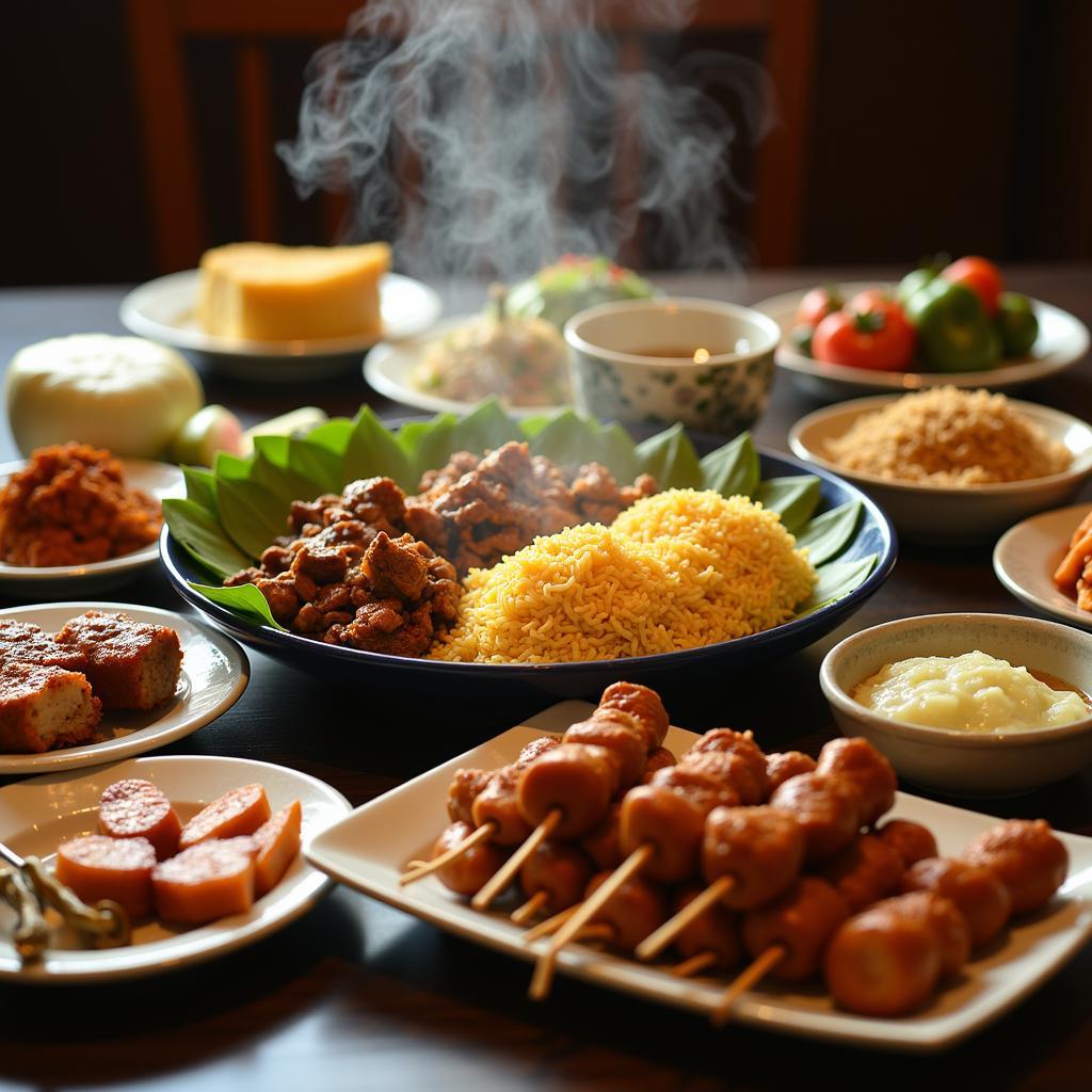 A table laden with colorful and aromatic Malaysian dishes, ready to be enjoyed in a homestay setting.