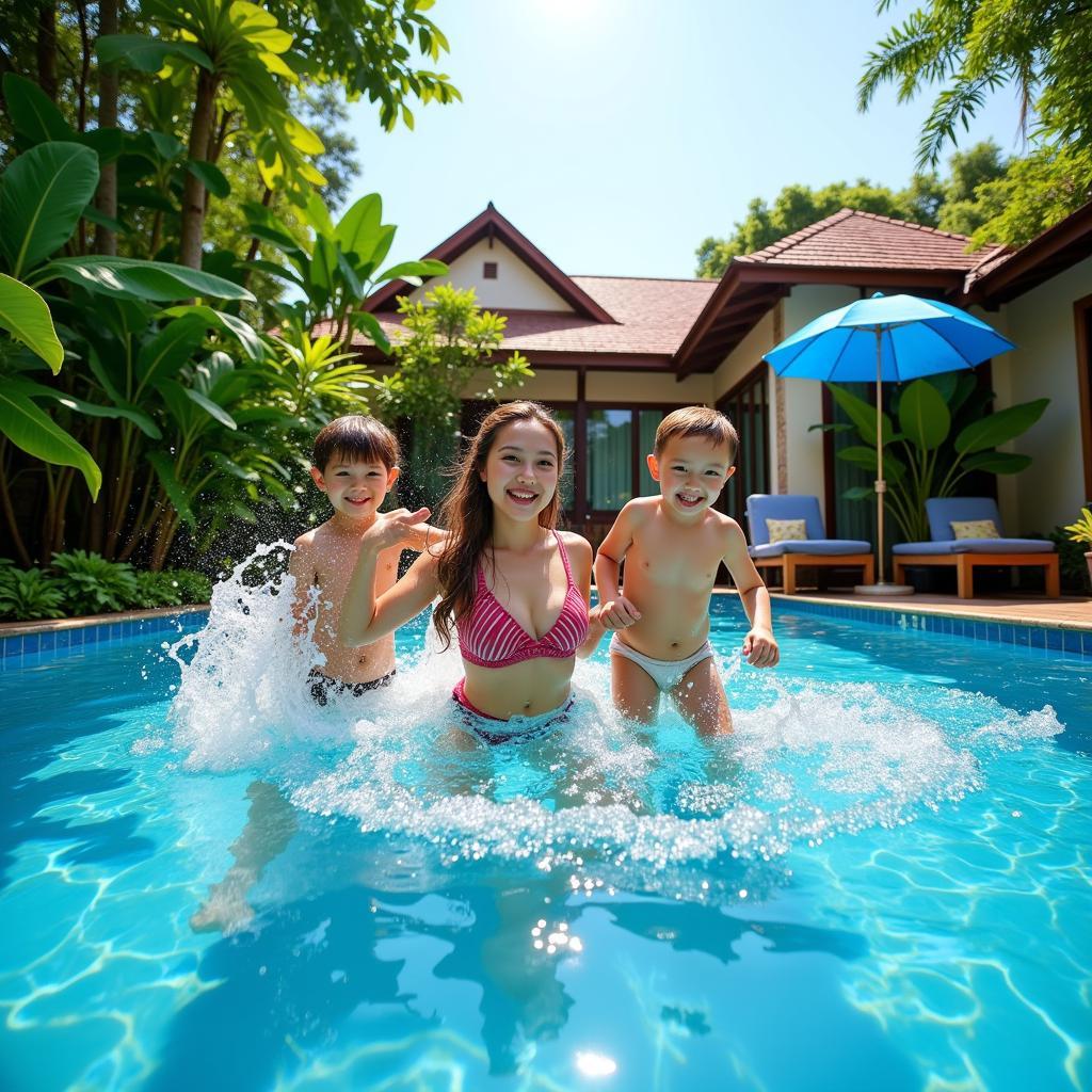 Family enjoying a Melaka homestay pool