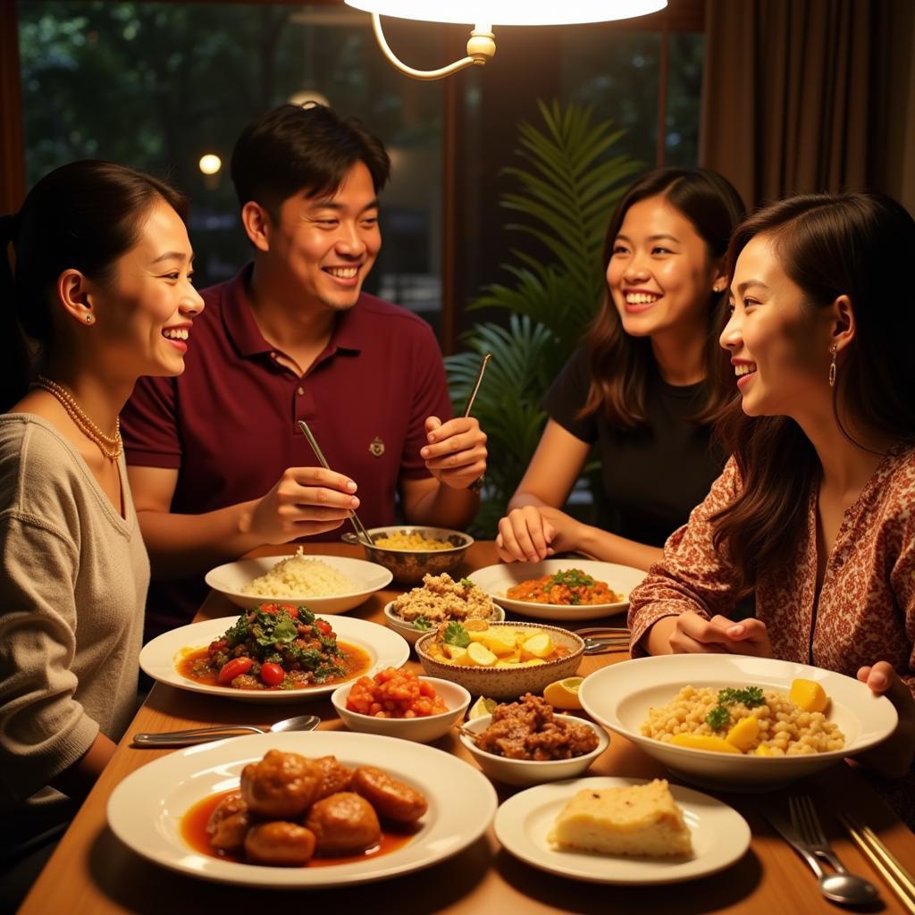 Family enjoying a traditional Malay meal together in a Rumah Tiga Segi homestay