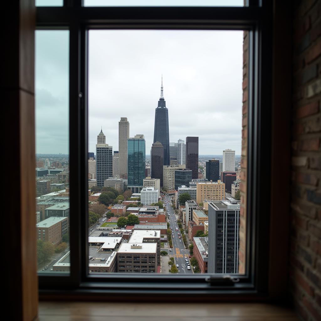 A view of the Melbourne city skyline from a homestay window