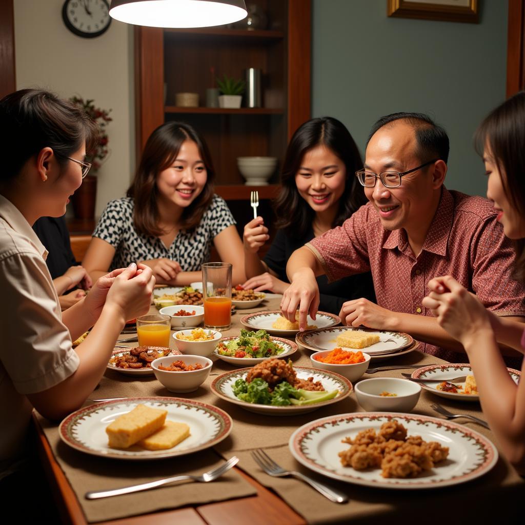 Family enjoying a meal together at a Meranti Tampin homestay