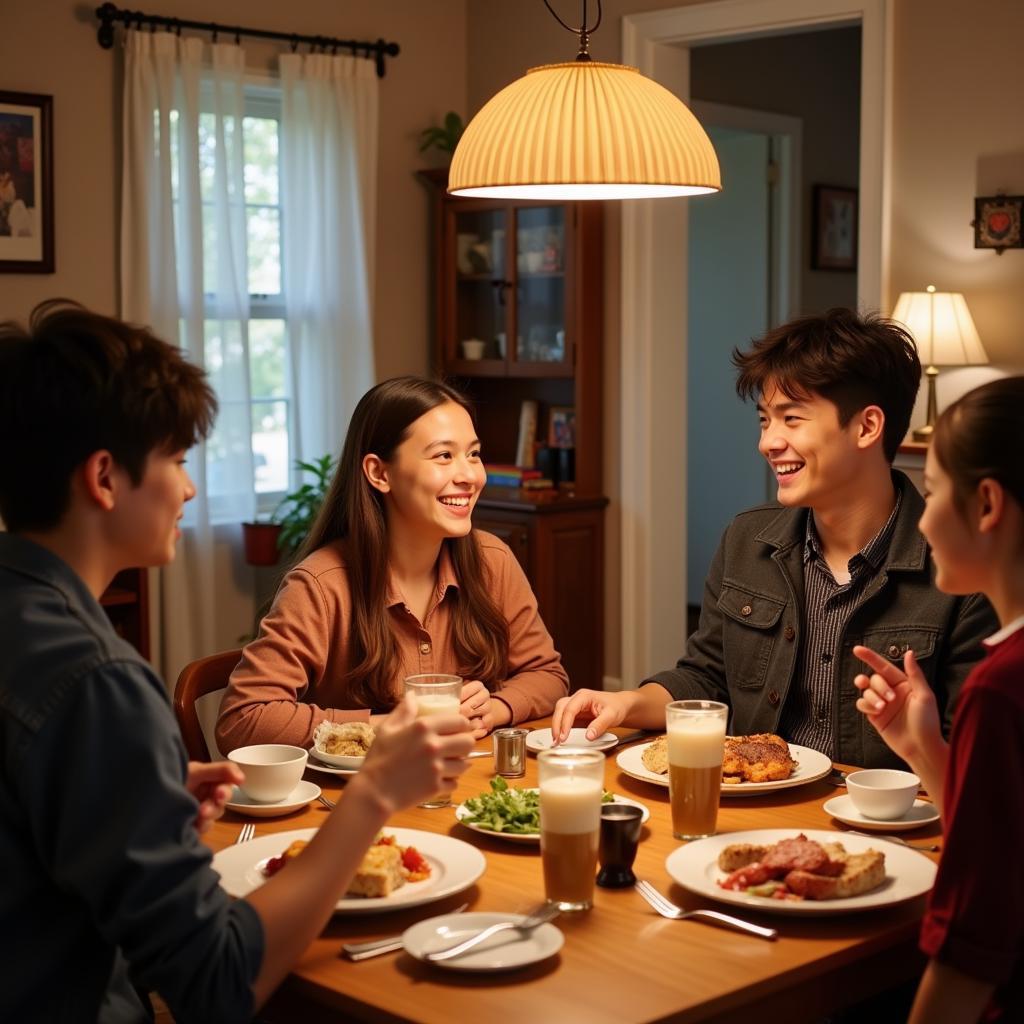 Montreal homestay student enjoying dinner with their Canadian host family