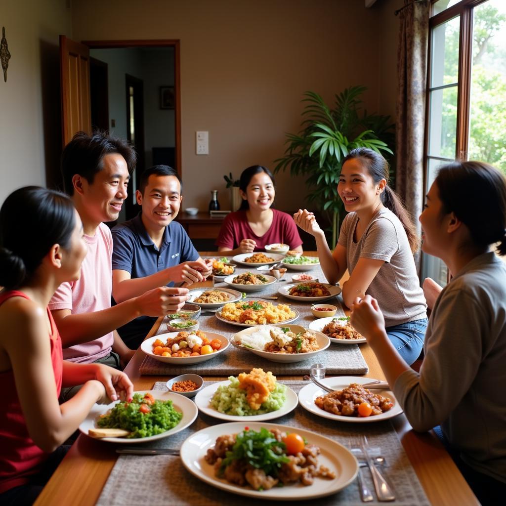 Myanmar Family Enjoying a Traditional Meal Together in Their Homestay