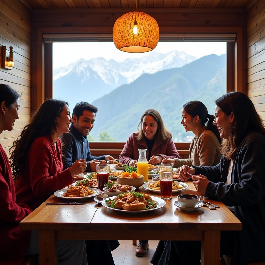 Nepali family sharing a traditional meal with guests at an Atithi Himalayan Homestay